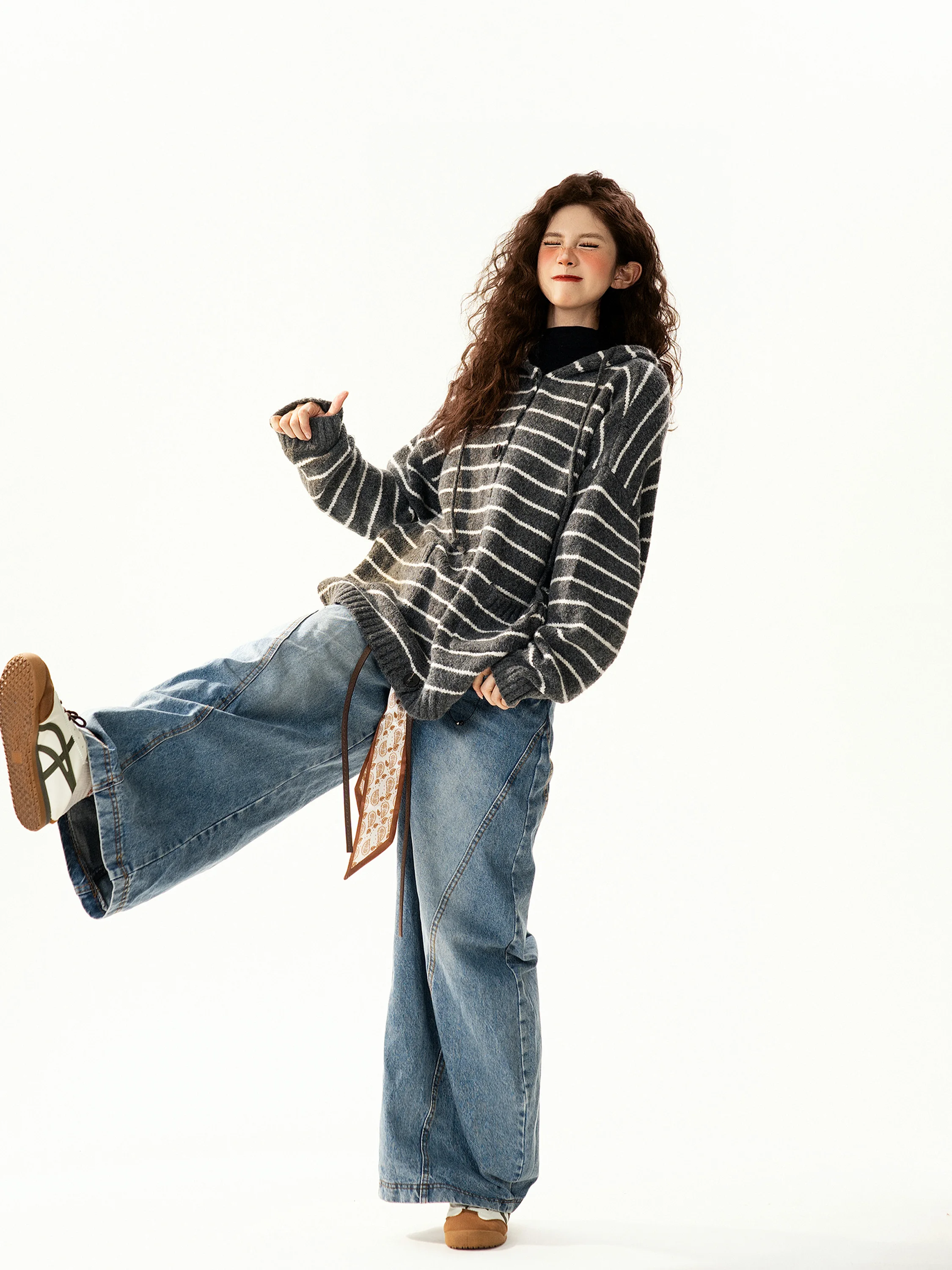 

Ретро-кардиган свободного кроя в полоску с капюшоном для женщин, повседневная универсальная вязаная верхняя одежда для пар, уличный стиль