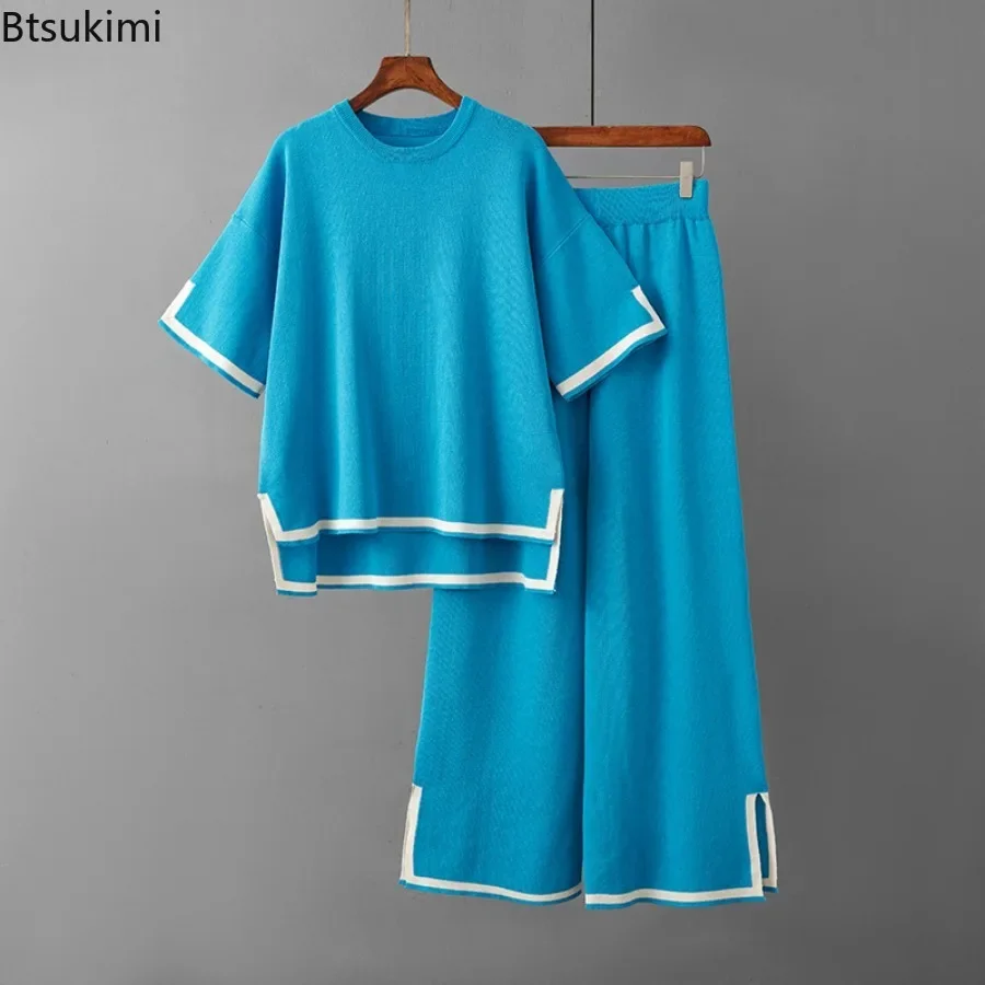 Haut à manches courtes et pantalon large taille haute pour femmes, ensembles de survêtement, col rond, mince, été, 2 pièces, 2025