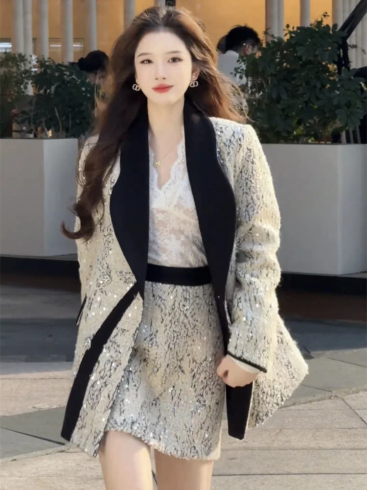 Herbstmode 2025, exquisites Temperament, Sinn für Design, kleiner Duftstil, Anzugjacke, kurzer Rock, Set für Frauen
