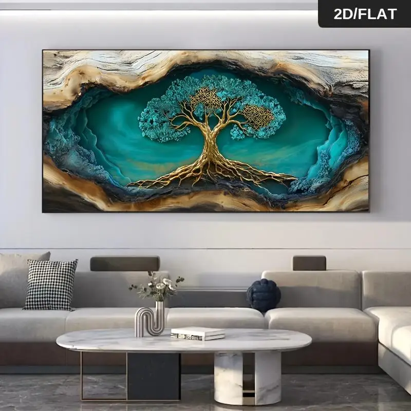 One modern abstract Tree of Life oil painting wall art - a vibrant turquoise and gold nature-inspired painting, perfect for livi