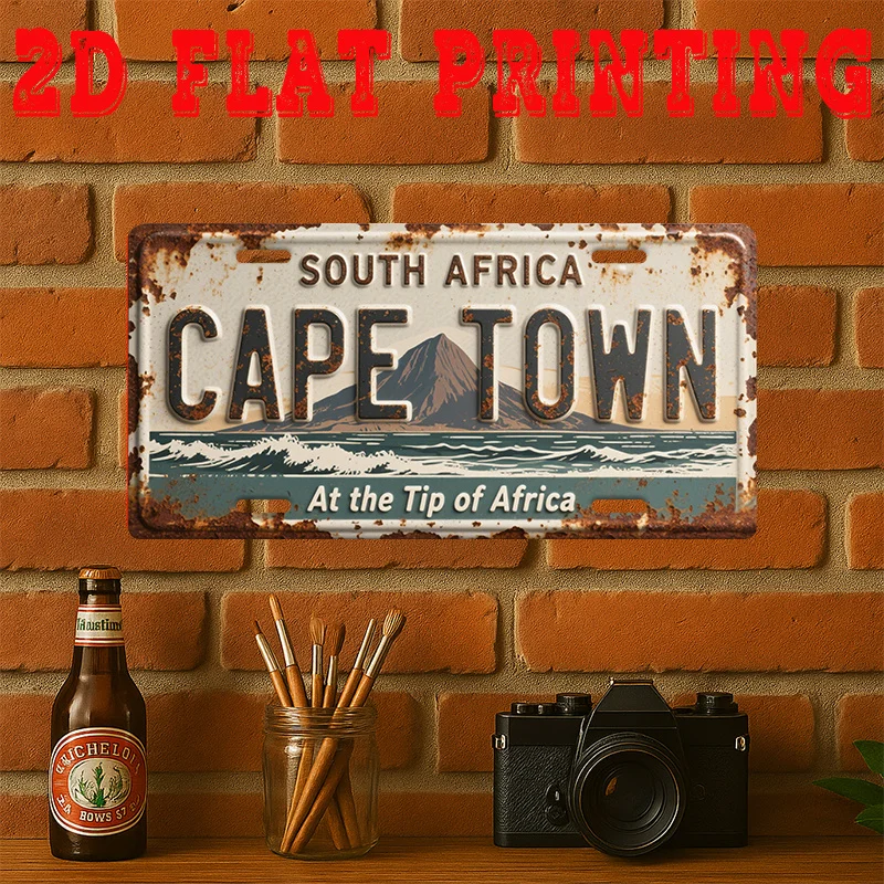 Retro Metal Tin Sign 2D Flat Printing Cape Town City Sign Table Mountain Themed Wall Poster Plaque 11.80in x 5.90in for Home Caf