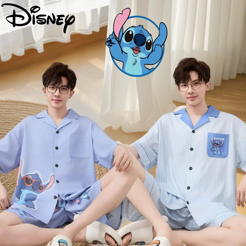 

Disney Cute Cartoon Stitch Men's Summer New Fashion Casual Loose Ice Silk Short Sleeve Shorts Student Loungewear Thin Pajama Set