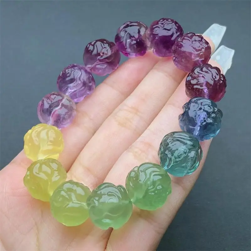 14MM Natural Fluorite Fox Fairy Bracelet Woman Lady Man Healing Wealth Gift Crystal Beads Quartz Gemstone Jewelry 1PCS