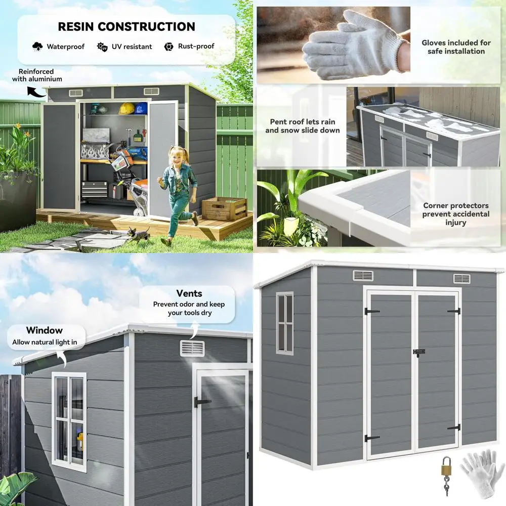 

Gray Plastic Outdoor Storage Shed with Vent, Window, Double Lock, Suitable for Patio, Backyard, and Garage