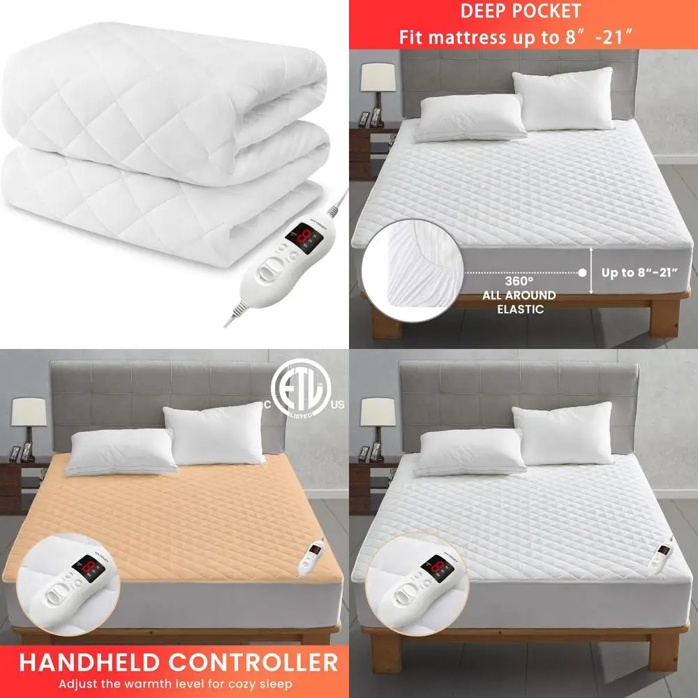 Full Size Heated Mattress Pad with 8 Heat Levels, 4 Timers, Deep Pocket, Washable, White
