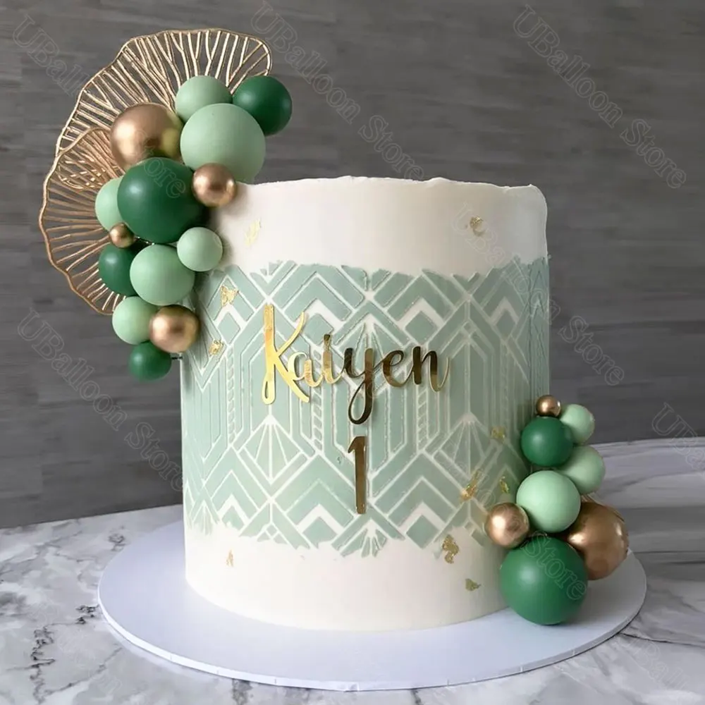 1 Set Green Balls Cake Toppers Gold Leaves Mint Green Balls Cake Decorations for Baby Shower Wedding Birthday Cake Decor Supply