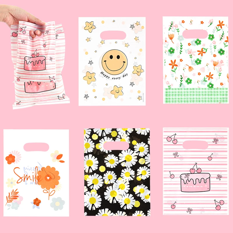 20PC Multi Designs Small Plastic Bag Thicken Shopping Pouch Boutique Gift Bag With Handle Charms Earrings Jewelry Packaging Bags