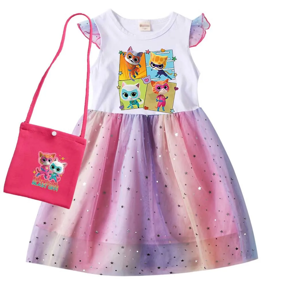 Robe trapèze à manches volantes avec sac et bande de sauna pour enfants, costume de cosplay pour enfants, vêtements Super Kitties, sourire, filles