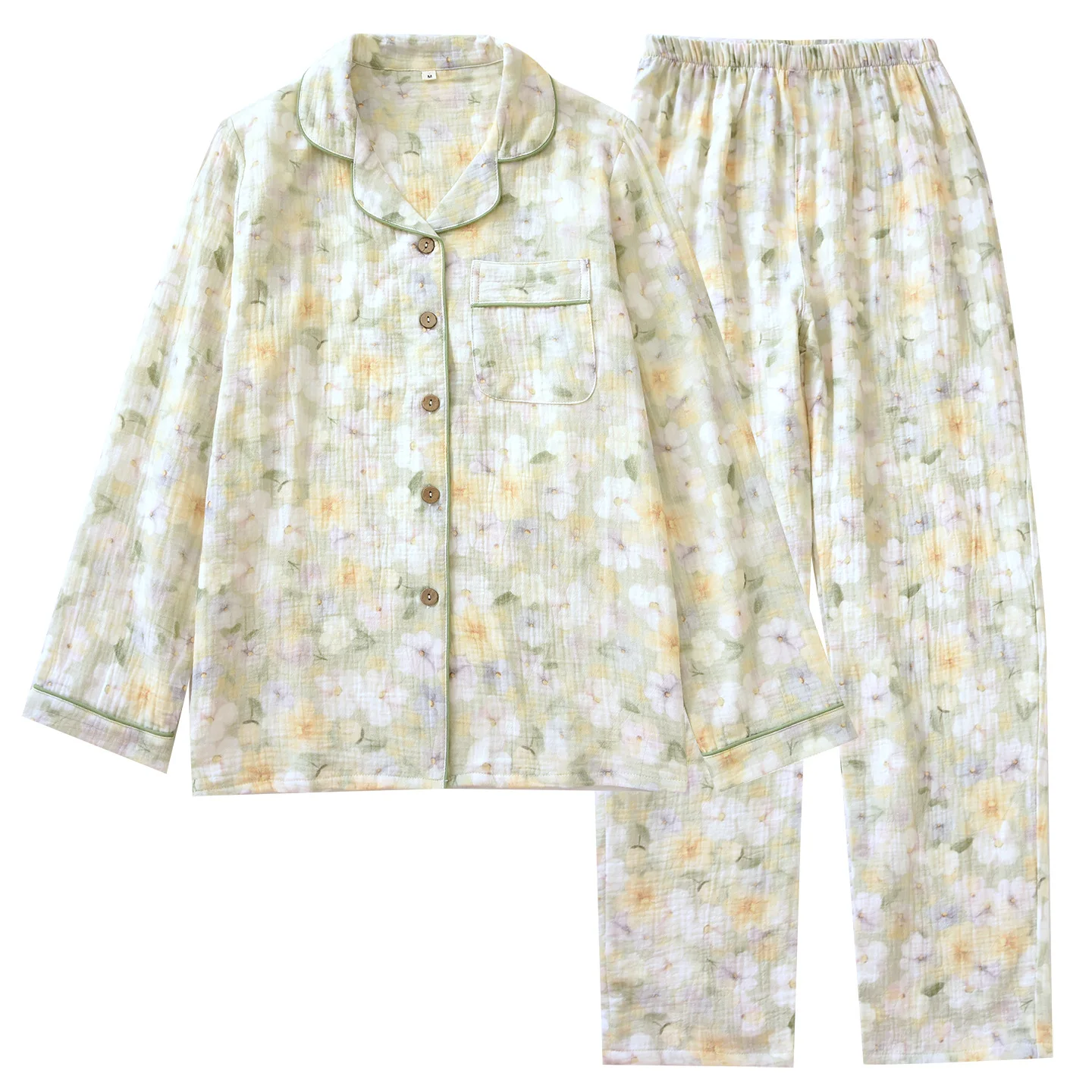 

Chinese Style Women's Print Cotton Sleepwear Set for Spring Autumn Long Sleeve Shirt Pants Home Clothes