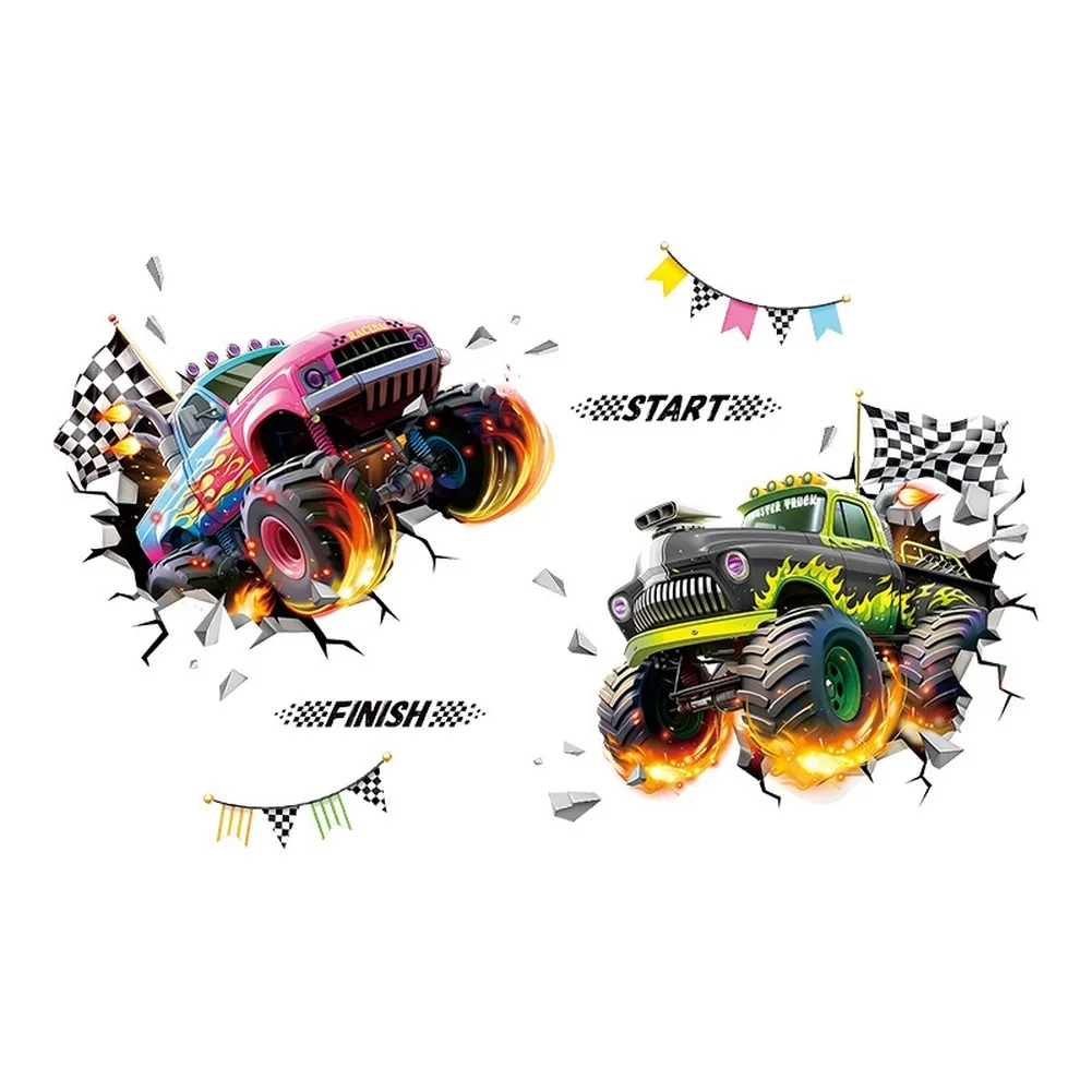 3D Breaking Wall Effect Stickers Featuring Race Cars and Trucks for Boys Room PVC Wall Decals Suitable for Temporary Room Decor
