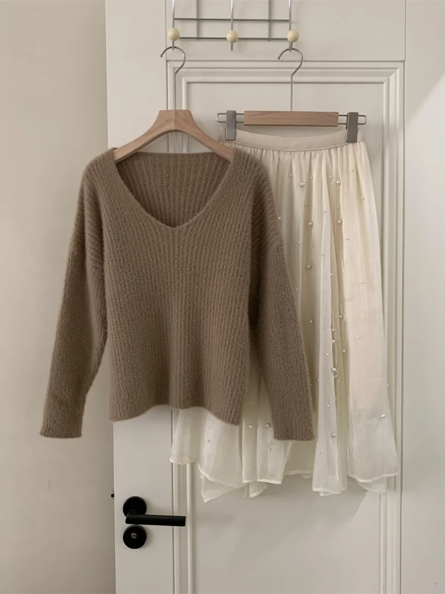 Ultraweicher V-Ne-Strickpullover aus Nerzsamt mit langem Haar, warm, gemütlich, für den Winter, für Damen, Faion, Freizeitkleidung, normale Passform, lang, Sve