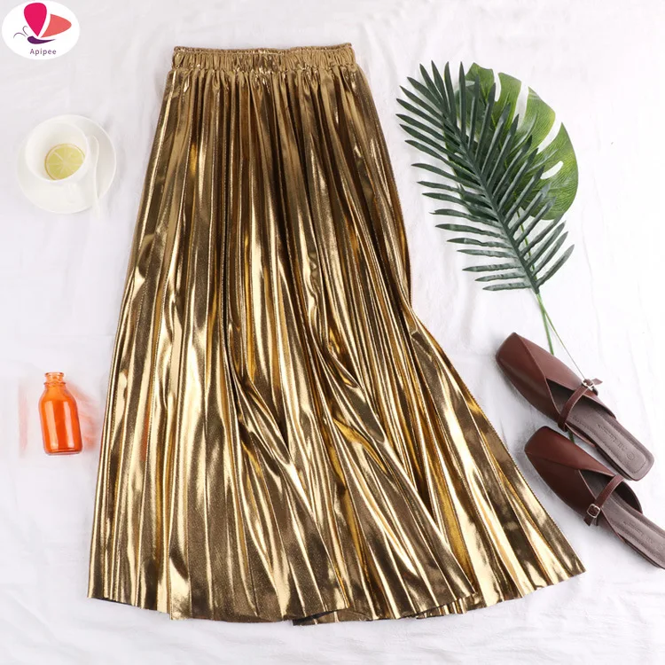 

APIPEE Y2k Shiny Metallic Luster Long Pleated Skirt Women Street Style Fashion Solid A Line High Waist Midi Skirt Female Gold