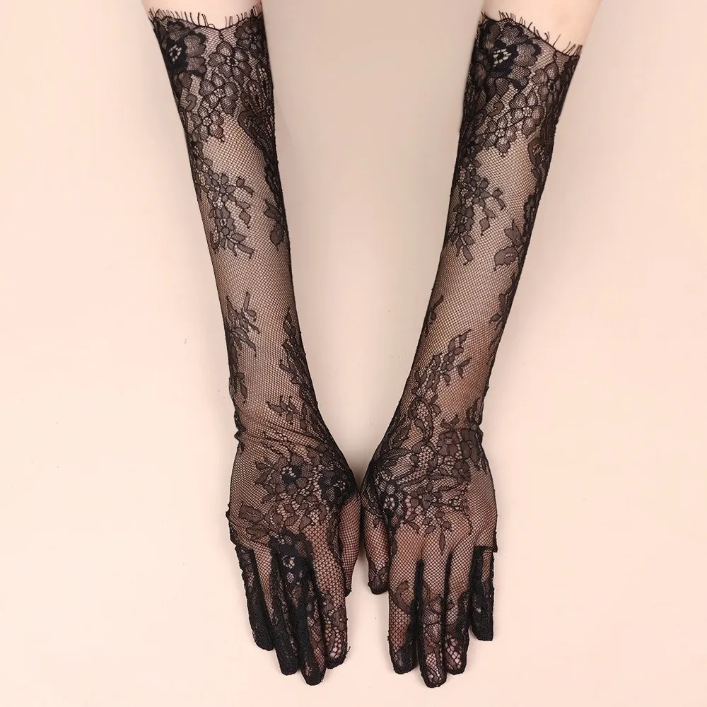 1 Pair Long Length Lace Gloves Transparent Thin Material Wedding Gloves Sheer Fabric Hollow Out Bridal Gloves Evening Party