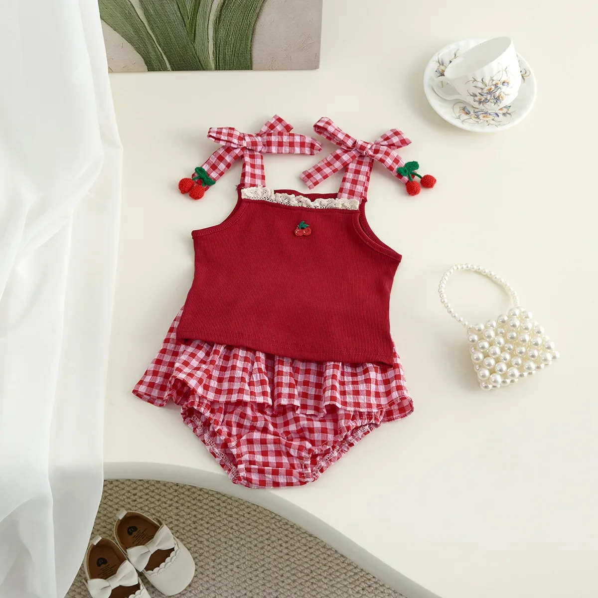 

Summer Baby Girls Thin Class - A Cotton Sweet Strap Romper Set-Cherry Embroidery Tank Top & Striped Triangle Shorts 2-Piece Set