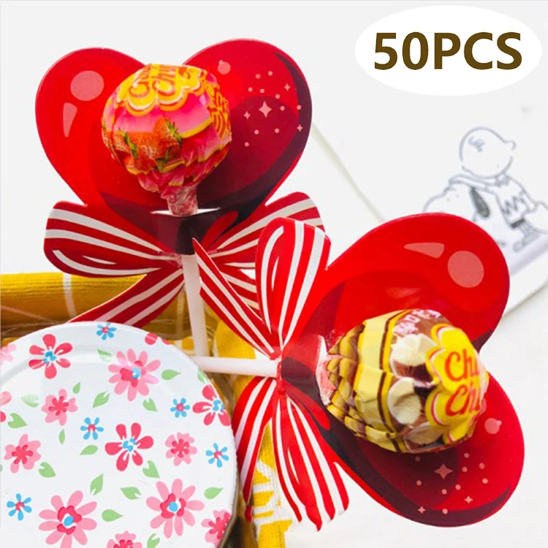 50Pcs Red Heart Bow Lollipop Decorating Cards For Wedding Birthday Party Supplies Adult Candy Decorations Favors For Guest