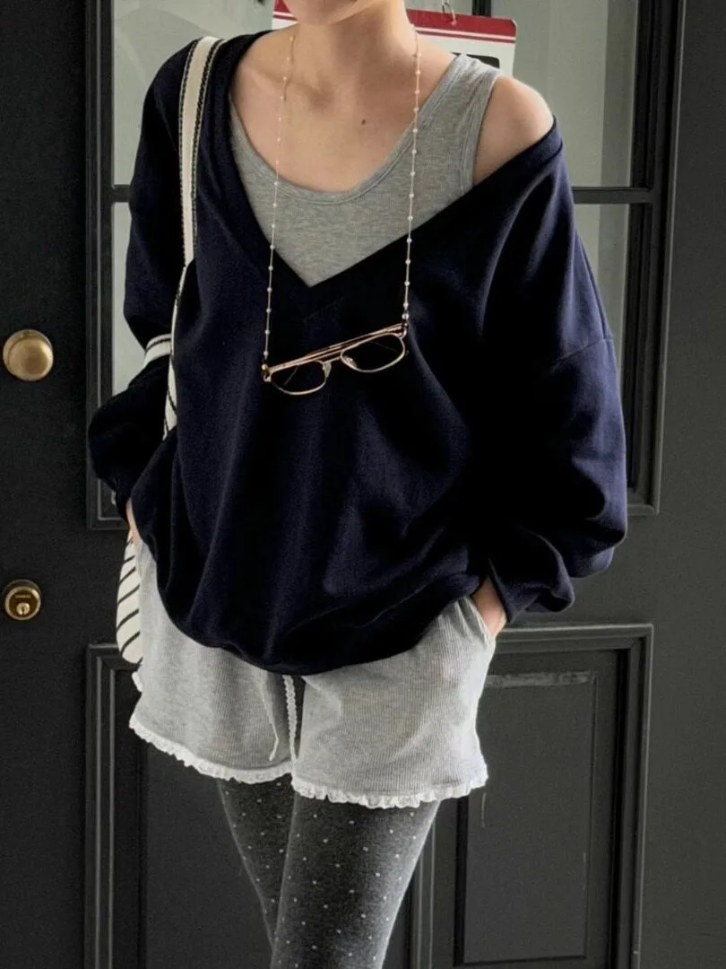 Korean Style Loose V-Neck Two-Piece Set Sweatshirt Women's Autumn Fashion Casual Outerwear Trendy Top Comfortable Street Style