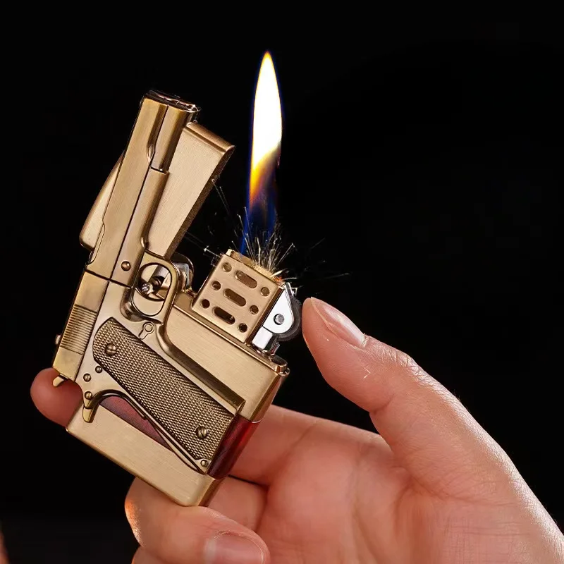 

Металлический креативный дизайн пистолета, бутановая газовая зажигалка, видимое прозрачное масло, окно, классический шлифовальный круг, аксессуары для запаления дыма