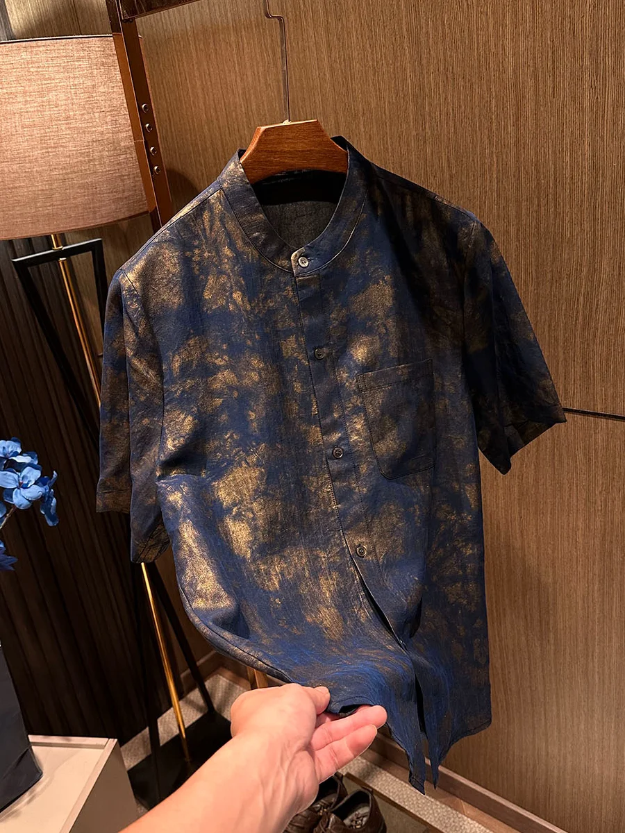 

Luxury Silk Mens ort Sve irt Gold Luster True Silk Tang Costume Stand Collar Retro Sle Busin Gentleman Summer irt