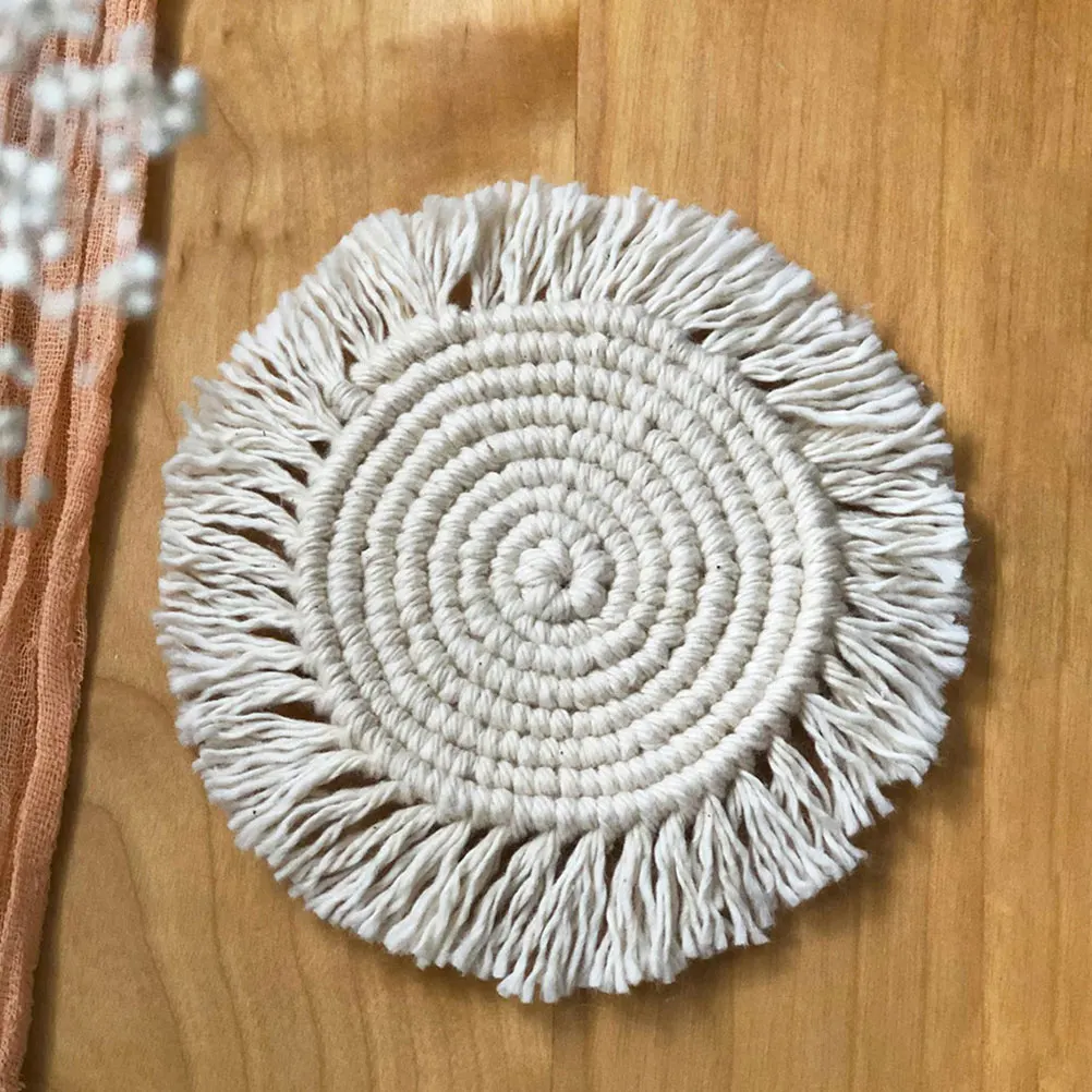 

Woven Coasters Beige Polyester Round Outdoor Desk Macrame Hand Anti Pad Table Decor Practical