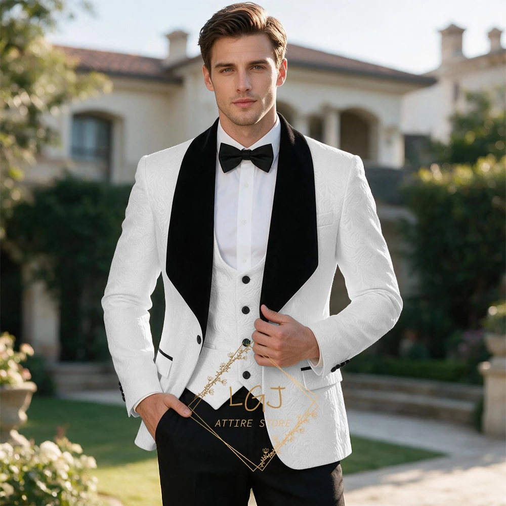 Luxury Men's 3 Piece Embossed Jacquard Dinner Jacket Set Contrast Velvet Shawl Lapel Groom Wedding Suit Vest Trousers