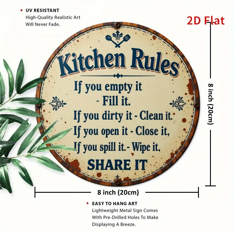 2D Flat - [2D Flat] A High-Definition 2D Printed Metal Sign, 1pc, Featuring Kitchen Rules Design, Round Tin Wall Art, Measuring