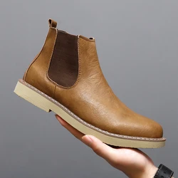 Mens Leather Chelsea Boots British Style Casual Slip On Short Ankle Boot Winter Plush Warm