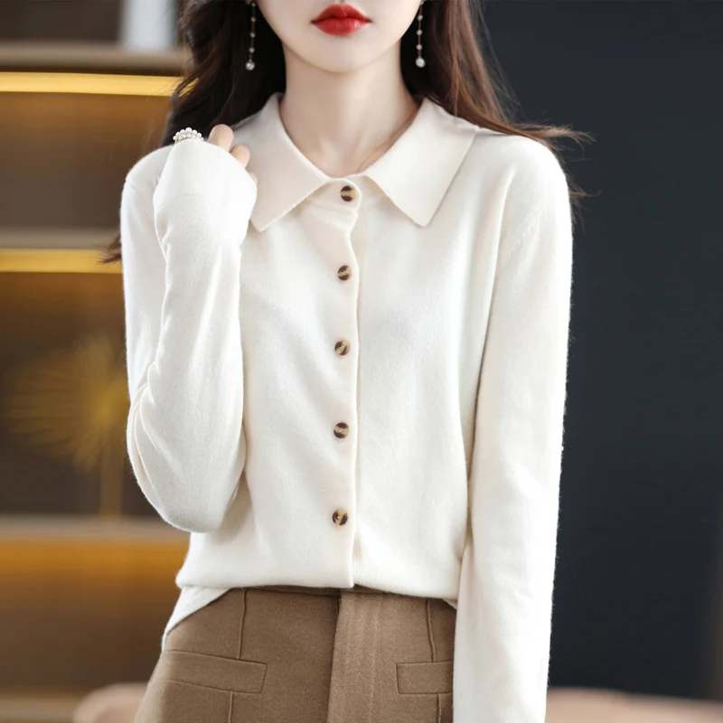 Spring And Autumn Winter POLO Neck Wool Knitted Shirt With Loose Long-Sleeved Sweater Cardigan Temperament Lapel Coat Bottoming