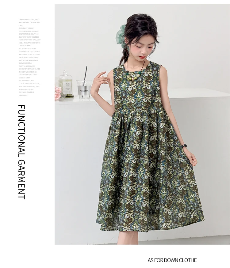 Mädchenkleid Sommer 2026 Ärmellos Blumenmuster Atmungsaktiv Vintage A-Linien-Kleid Kinderkleidung Locker Bequem – Detail 6