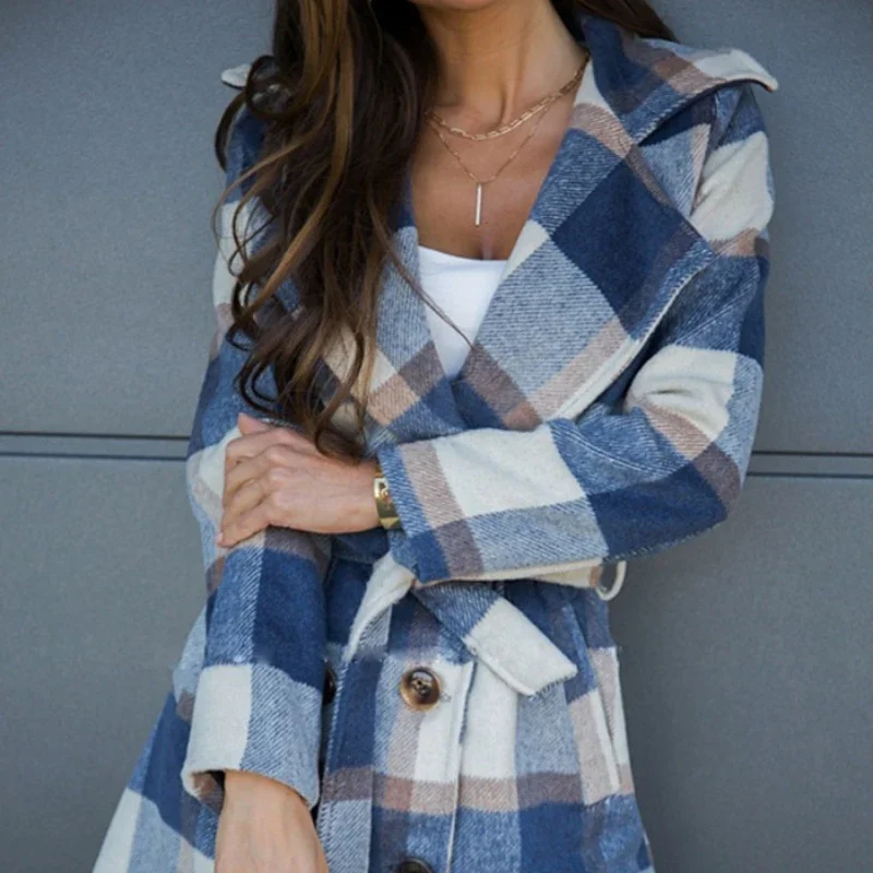 

2022 winter new fashion plaid printed woolen long-sleeved coat lapel double-breasted trendy coat women's clothing