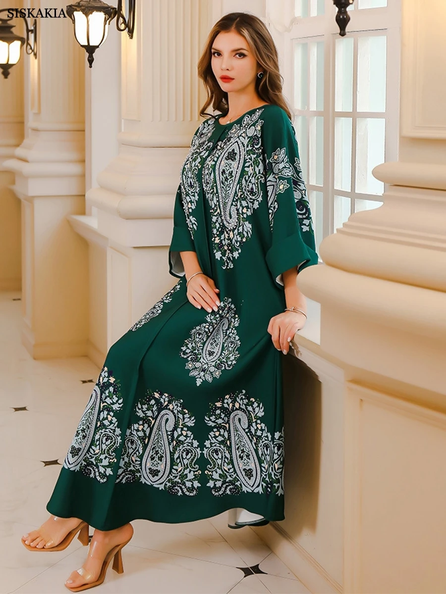 Siskakia Fashion Kaftan Abaya Dubai Islam Muslim Beading and Diamonds Floral Print Crew Neck Long Sleeve Loose Islamic Long Dres