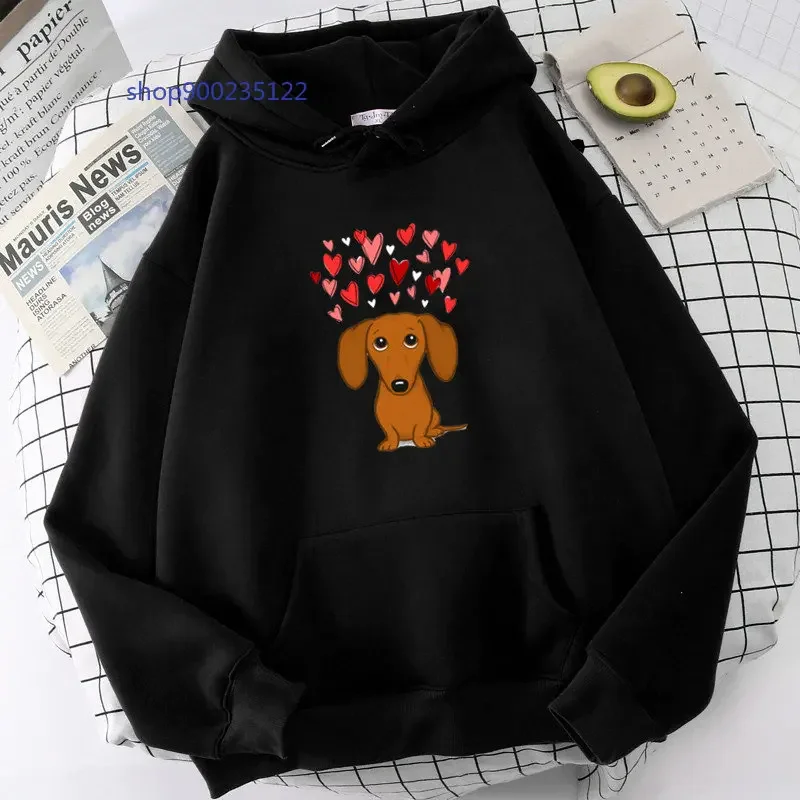 Dachshund Heart Hoodies Woman Cute Cartoon dog Hooded Oversized Unisex Hoodie Sweatshirt Casual Tops Winter Clothes Women