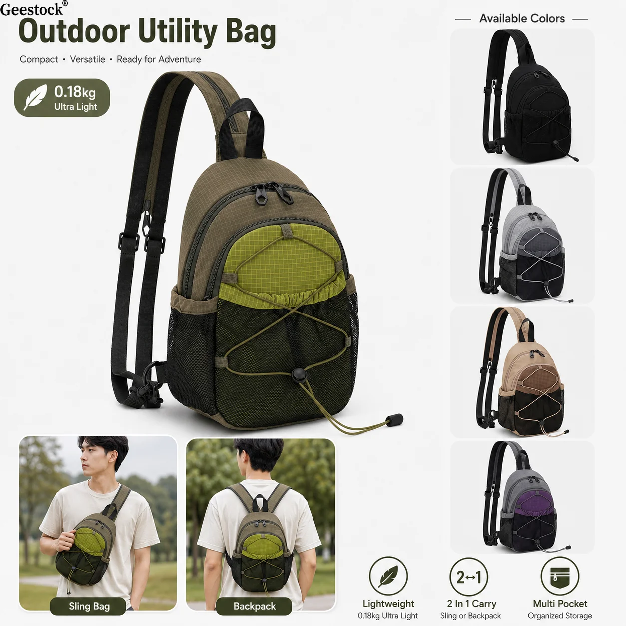 Casual Men Chest Bag Outdoor Sling Pack Lightweight Crossbody Shoulder Bag Travel Hiking Cycling Multi Compartment Design
