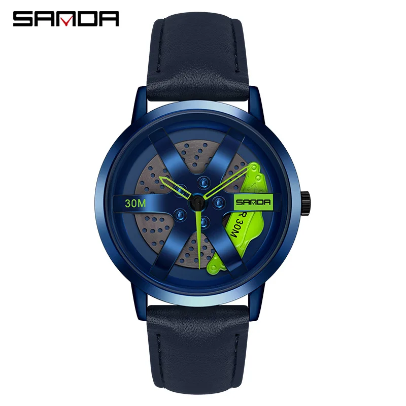 Fashion Sanda 1075 Brand For Men Hollow Out Rotating Car Wheel Dial Design Quartz Movement Hot Sale Analog Trendy Wrist Watches