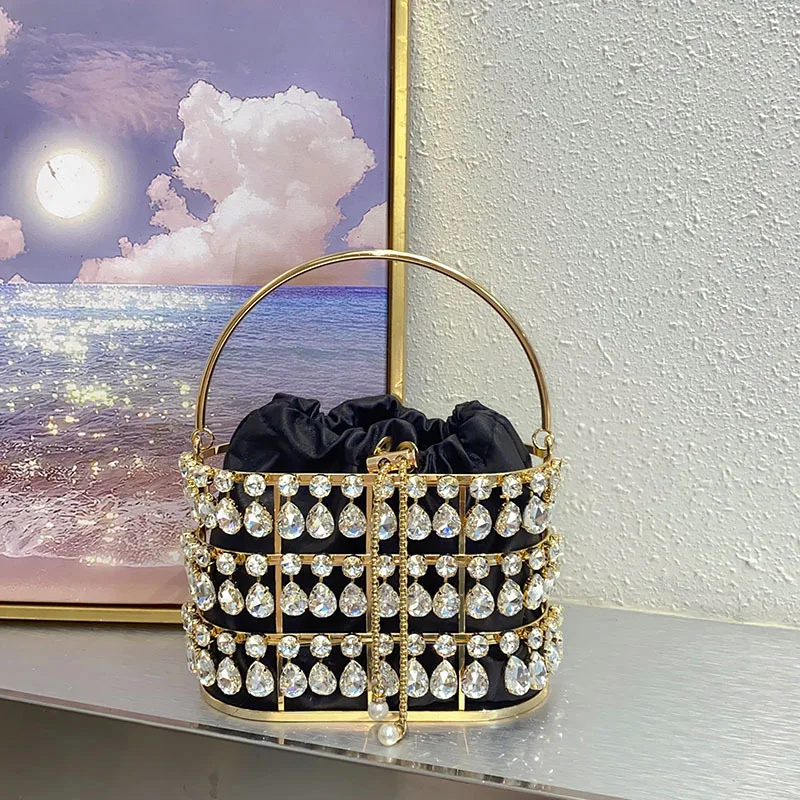 

French Shiny Diamond Beaded Chain Crystal Dinner Bag Hollow Bird Cage Vegetable Basket Bag Handbag Bucket Bag