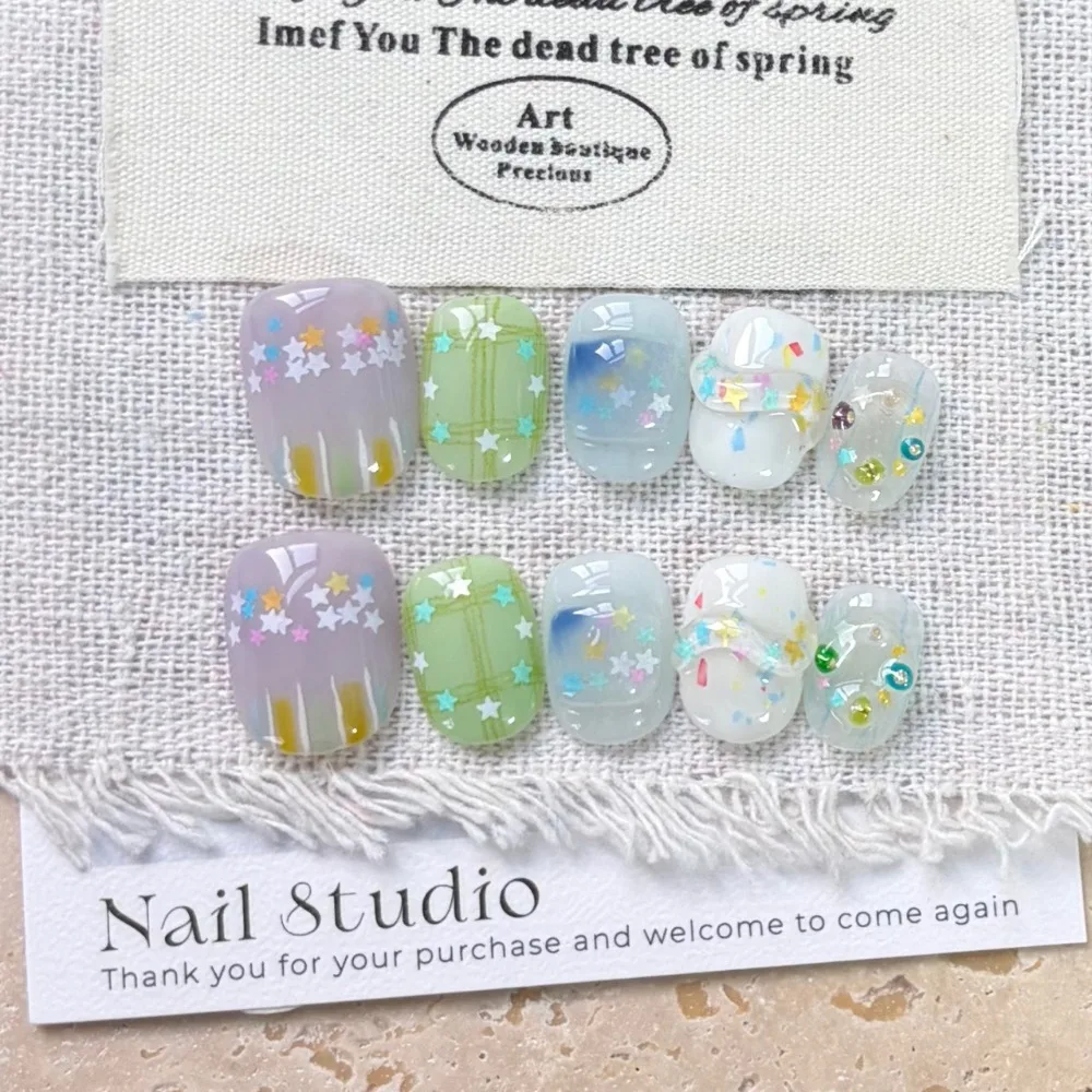 10 Pieces Cute Dreamy Pastel Fairyland Star Candies Handmade Press On Nails Macaron Marshmallow Art Fake Nails Reusable