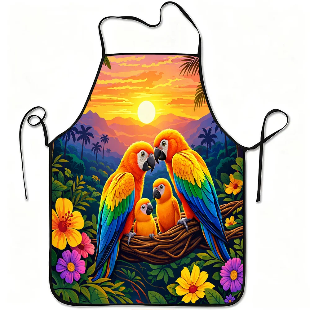 Colorful Parrot Family Apron, Tropical Bird Sunset Kitchen Bib, Vibrant Nature Cooking Gift for Women Mom Home Decor