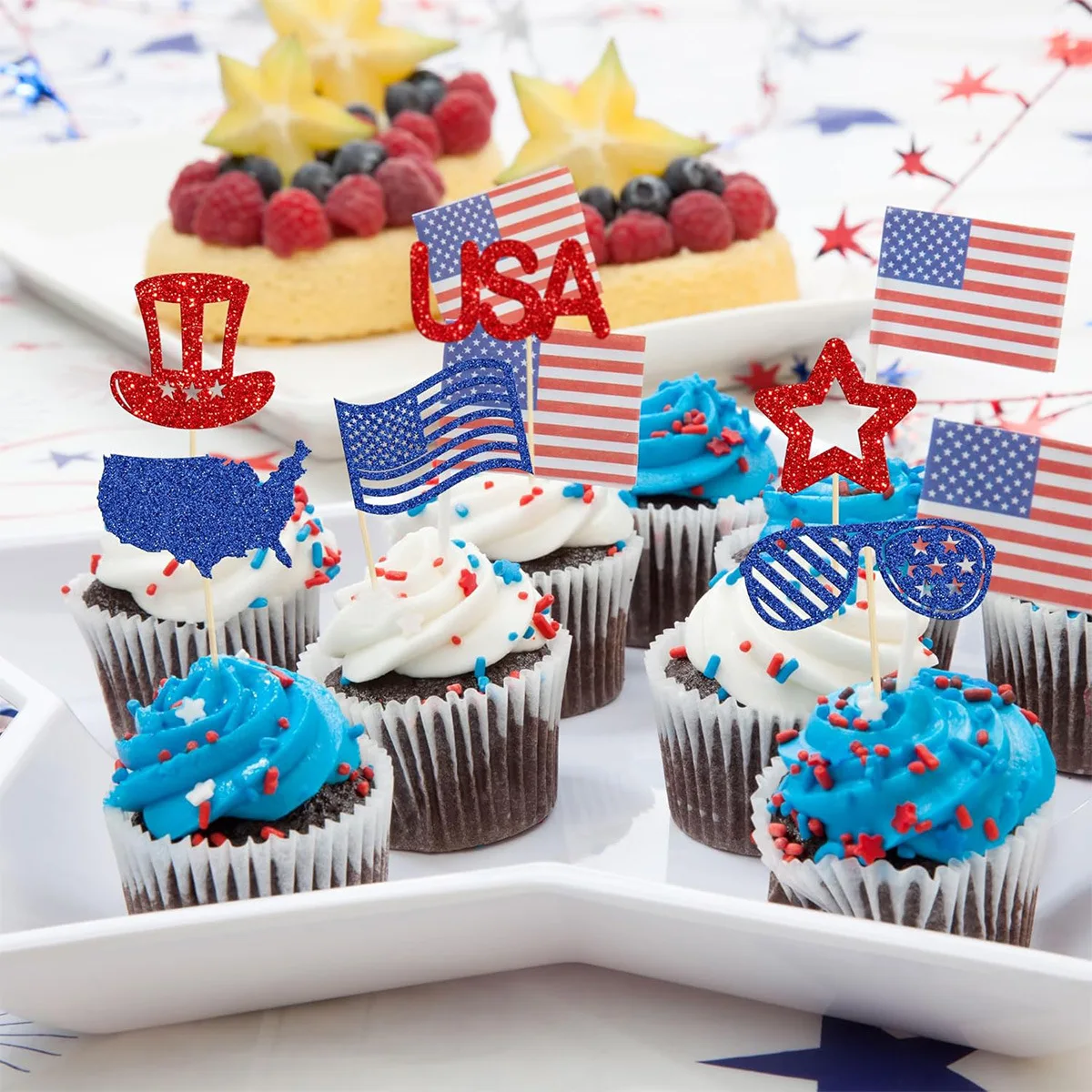 4. Juli USA Pappbecher Cupcake-Topper Flaggen-Stern-Dekorationen Patriotische Partyzubehör Geburtstagsdekoration