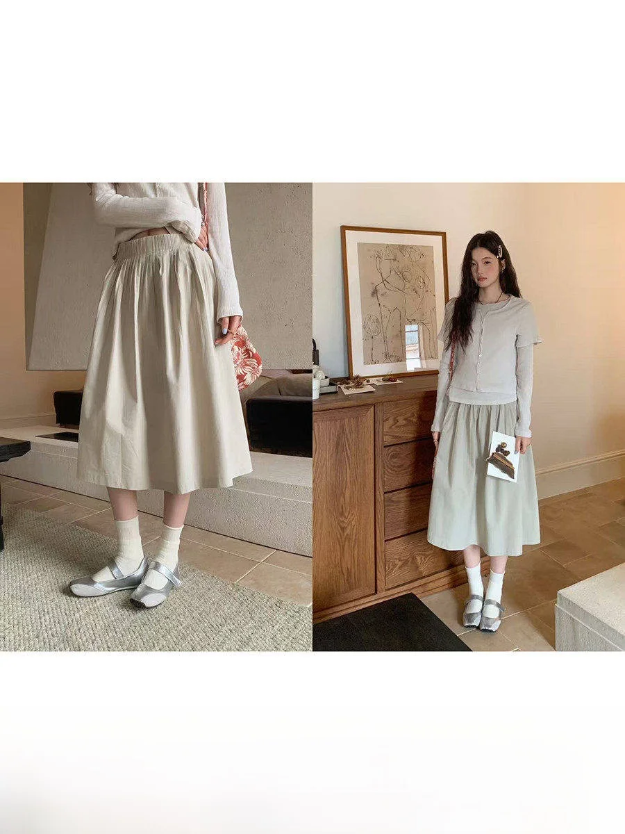 

Linyunyun Korean Style Loose Pleated Skirt Light Card Color Casual High Waist A-Line Skirt Breathable Skin-Friendly