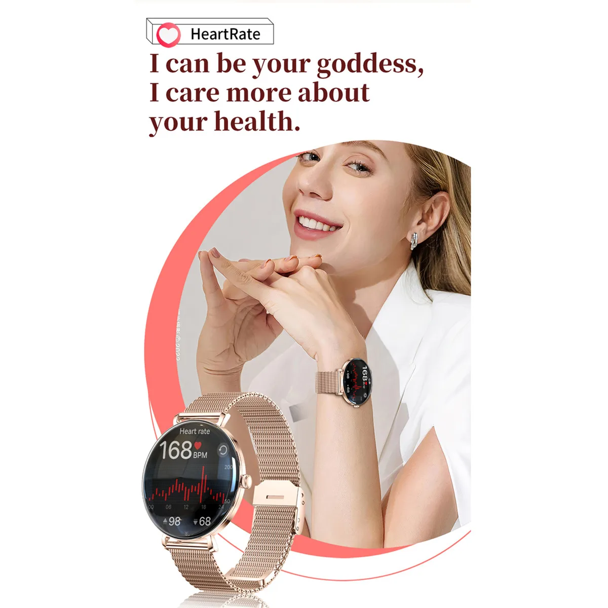 ساعة ذكية معدنية باللون الذهبي الوردي للنساء تعمل بتقنية البلوتوث ومراقبة الصحة وأقراص مخصصة لتتبع اللياقة البدنية Amoled ساعة ذكية لنظام Android IOS #3