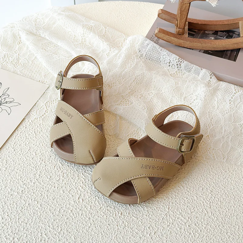 Toddler Cross Strap Closed Toe Sandals Kids Leather Ankle Buckle Soft Sole Non Slip Summer Casual Shoes
