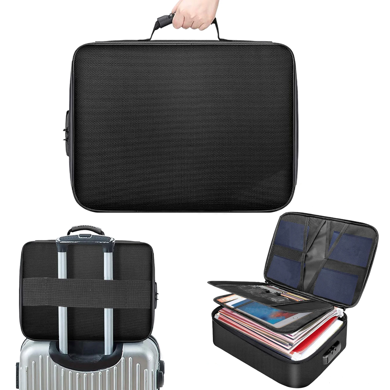 

Document Bag with Lock Fireproof File Storage Case with Water-Resistant Zipper for Laptop Passport Certificates Cards