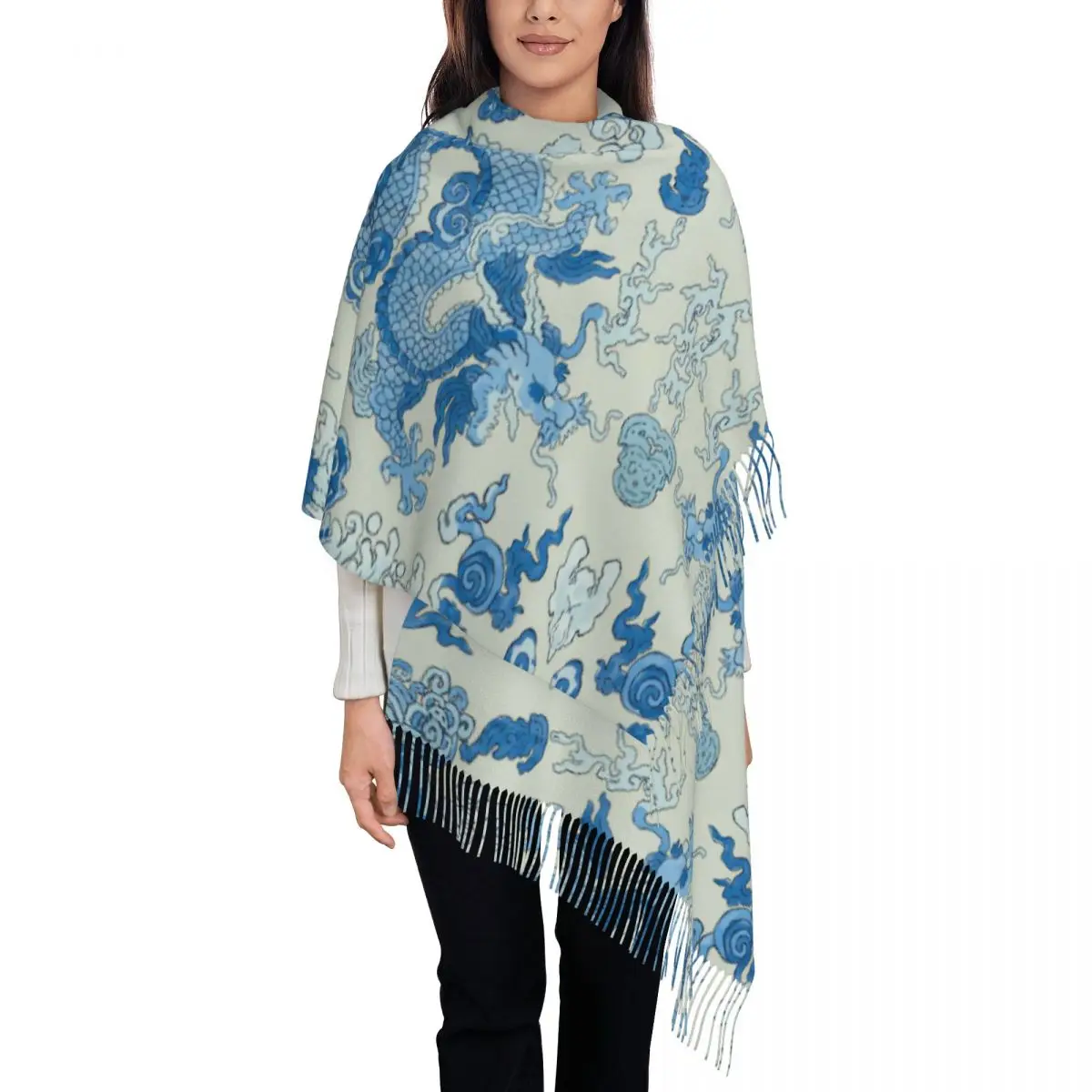 

Фарфоровый шарф с принтом Magic Mountain Dragon, синий шарф в стиле шинуазри, зима-осень, теплые шарфы, антикварная шаль Delft, накидка