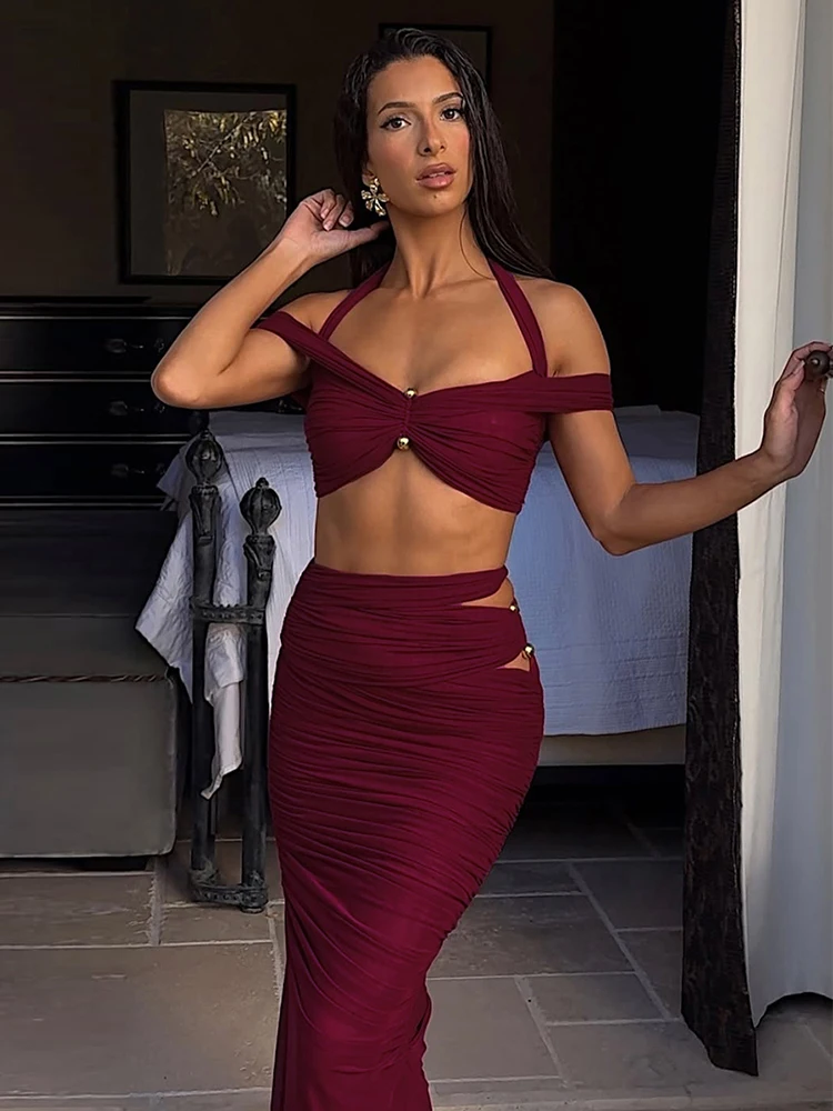 

InGrily Slim Sexy Folds 2-Piece Set Women Halter One Shoulder Metal Trim Mini Tops+Hollow Long Skirts Beach Party Matching Suits