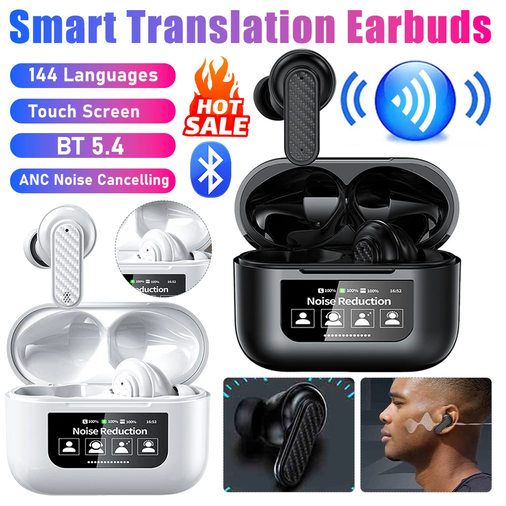 144 Languages Smart Translation Earbuds BT 5.4 Wireless Earphones ANC Noise Cancelling Touch Screen Housing for Business Travel