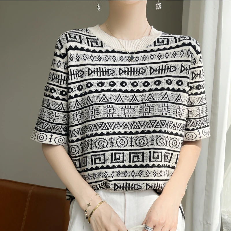 

Women New 100% Cotton T-shirt Sweater Spring Summer O-neck Half Sleeve Retro Jacquard Knit Pullover Tees Casual Bottoming Tops