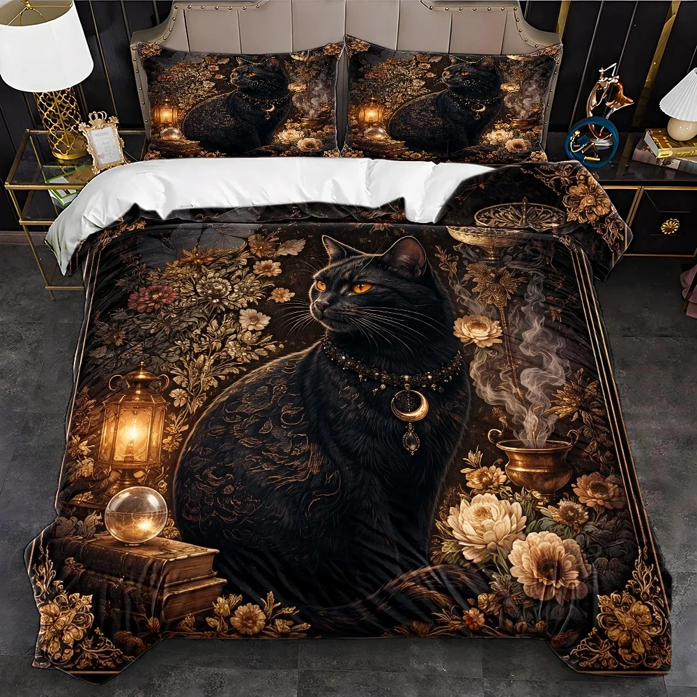 3Pc Mysterious Black Gold Cat and Floral Duvet Cover Set, Three-Piece Bedding Set (1*Duvet Cover + 2*Pillowcases), Suitable for All Seasons, Machine Washable, Invisible Zipper Double Bed Cover, Vintage Magical Style Home Dormitory Master Bedroom Guest Room Bedding, Large Duvet Cover Set, Palace-Style Printed Bedding, Decorated with Magical Elements, Comfortable and Skin-Friendly Bedding Set, Popular Cross-Border Home Bedding