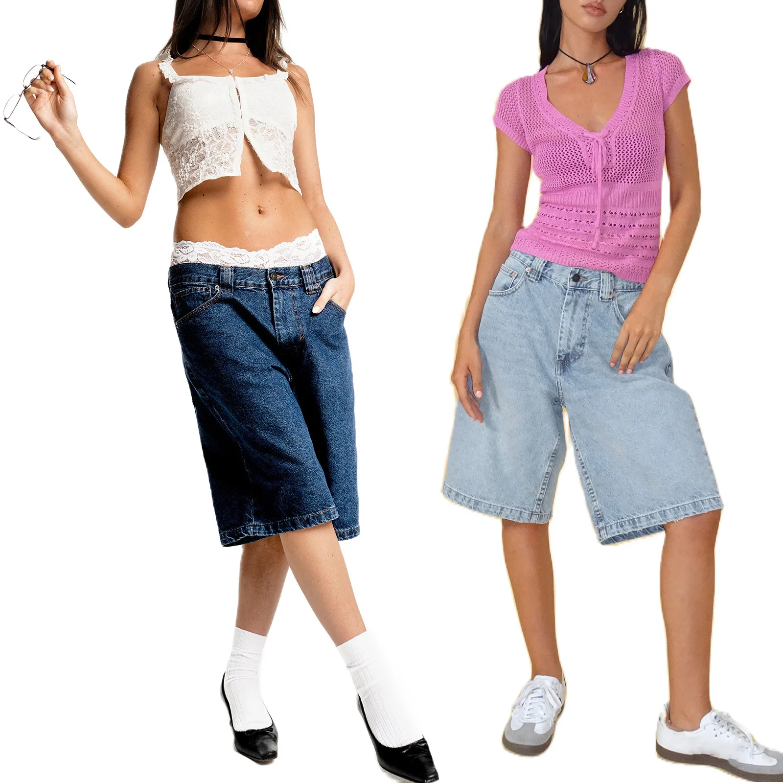 Ropa Mujer Unisex Baggy Denim Jorts High Waist Loose Fit Knee-Length Shorts