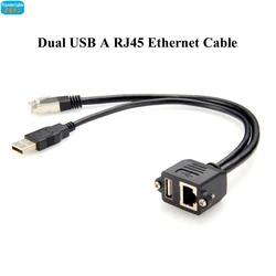 Dual USB 2.0 RJ45 Cat5e Ethernet Combo Extension Cable RJ45 8P8C USB Type-A Male to Female Screw Panel Chassis Feedthrough Cable