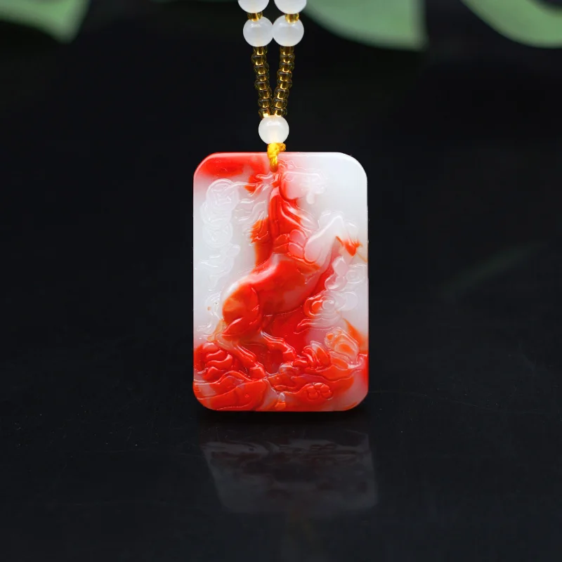 

Zodiac Horse Red White Jade Pendant Necklace Chinese Fashion Jewelry Carved Gemstone Charm Amulet Lucky Gifts for Women Men