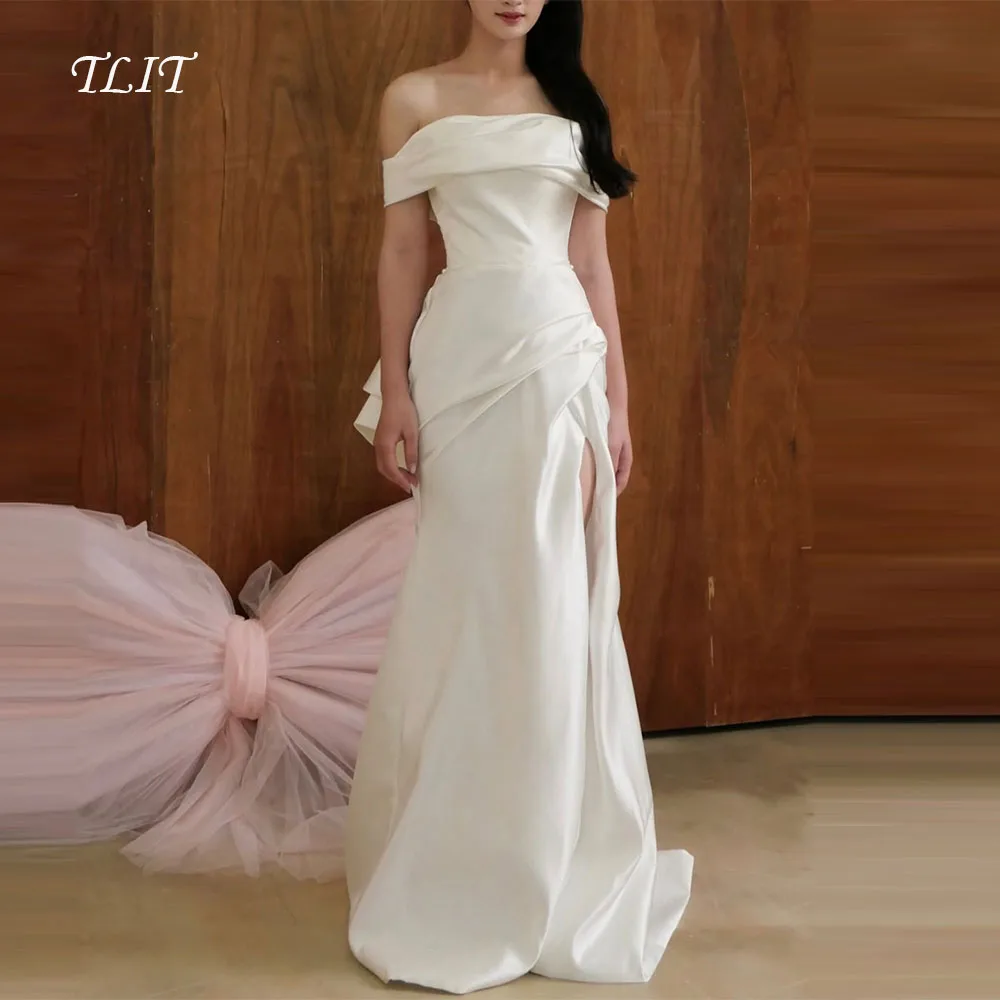 

TLIT простое шелковое атласное свадебное платье цвета слоновой кости с русалкой, свадебное платье с открытыми плечами по индивидуальному заказу, корейское свадебное платье, фотосессия